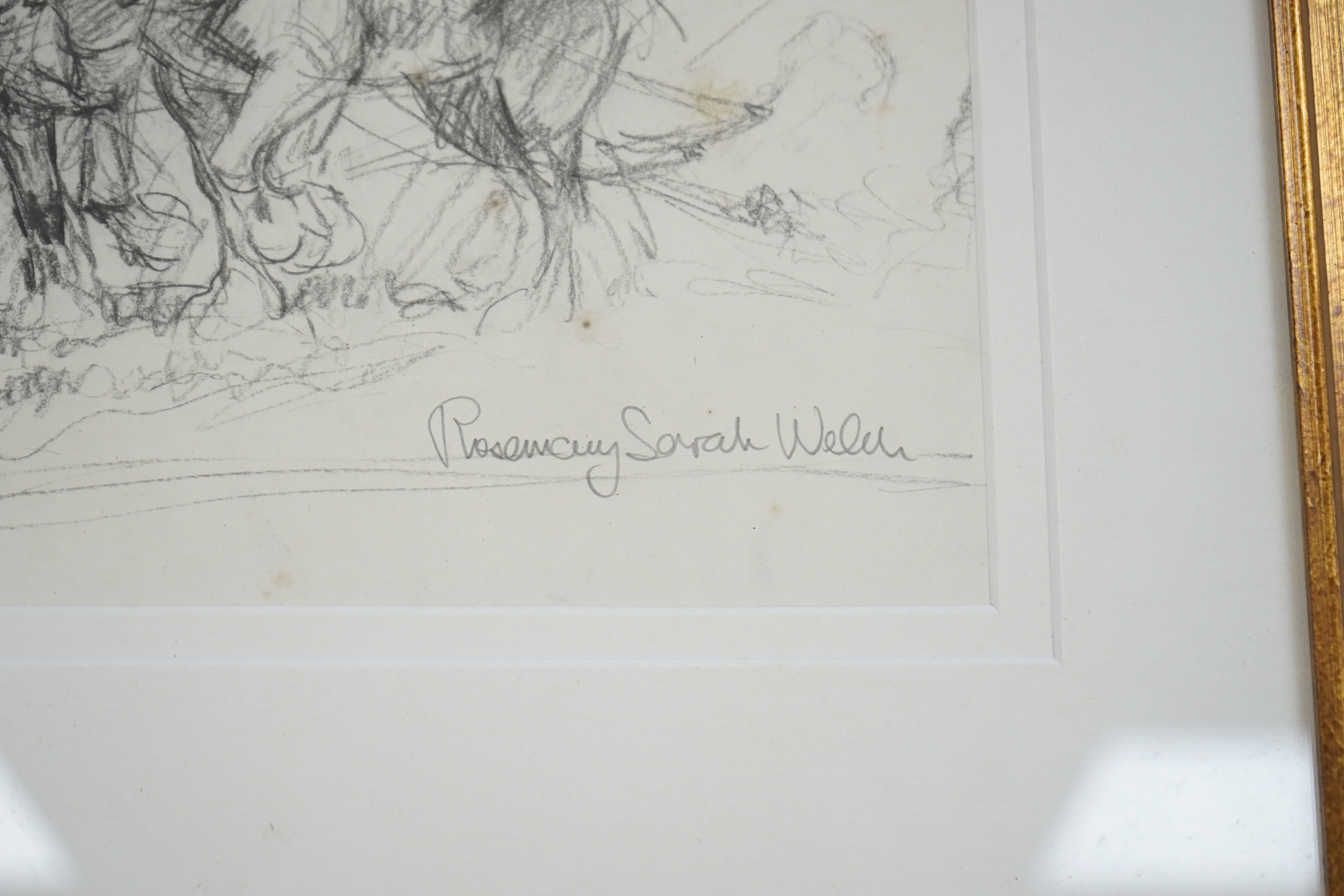 Rosemary Sarah Welch (b.1946), pencil sketch, Study of work horses ploughing, signed, 20 x 27cm. Condition - poor to fair